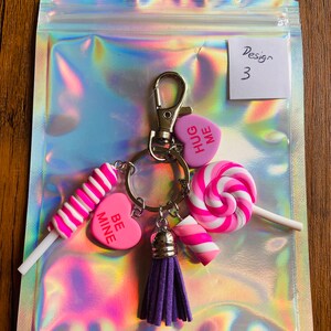 Cute Polymer Clay Sweet Keyring, Lolly, Marshmallow, Candy Hearts Keychain, Pastel Colours with 6 charms image 5