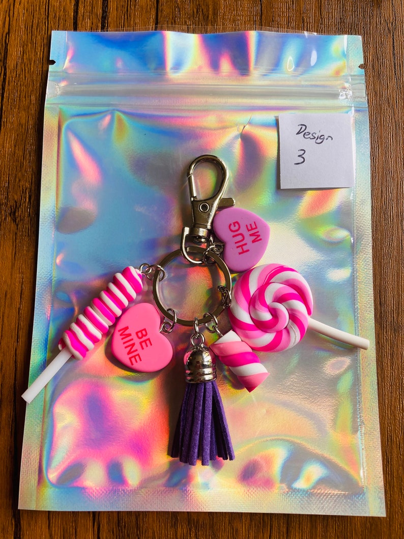 Cute Polymer Clay Sweet Keyring, Lolly, Marshmallow, Candy Hearts Keychain, Pastel Colours with 6 charms image 5