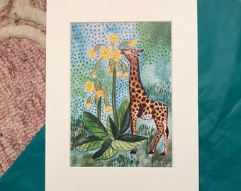 Mounted Giraffe Print, Flowers Print, Wall Art, Giraffe Illustration, Nursery Wall Art