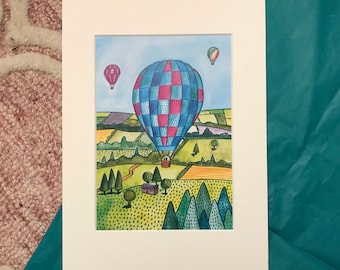 Mounted Air Balloon Print, Nursery Print, Wall Art, Balloon Illustration, Christening Gift