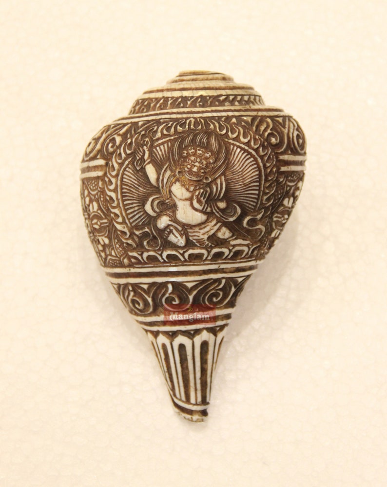 Tibetan Ceremonial Conch Shell Horn, hand Carved Conch Shell BHAIRAVA