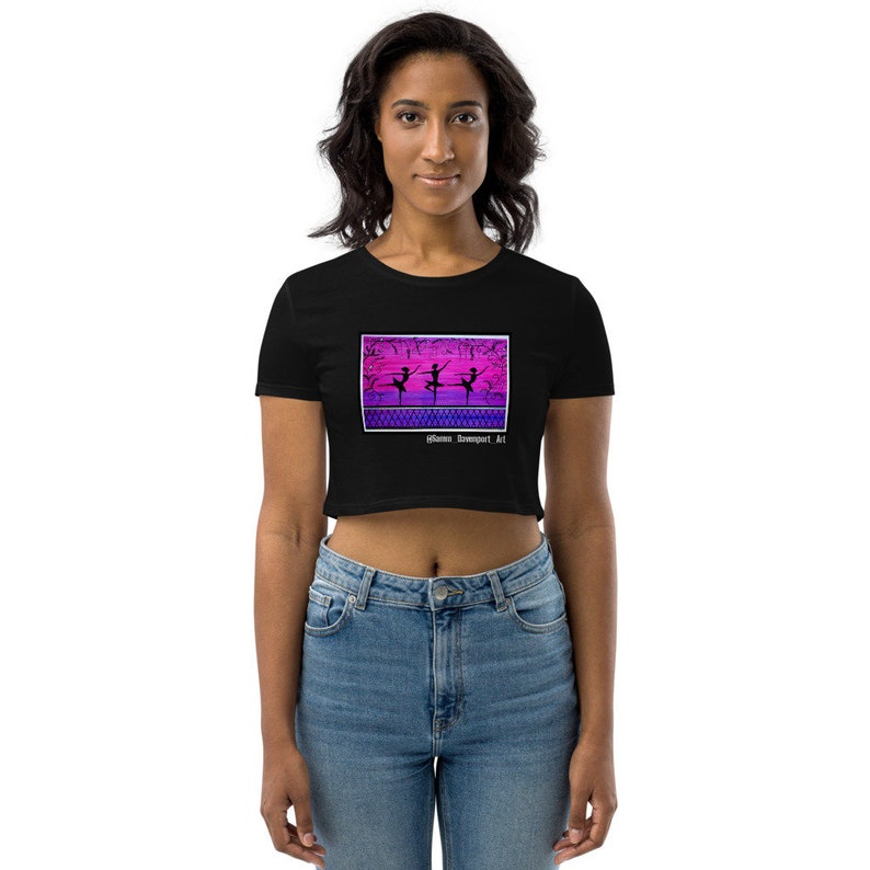Ballet Dancers Art Print Black Crop Top Ballerina Artwork Organic Cotton Cutoff T-shirt Silhouette Watercolour Painting Screen Printed Tee