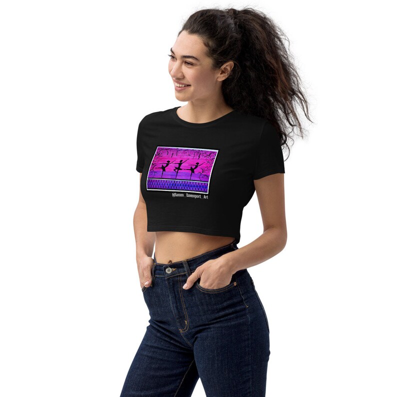Ballet Dancers Art Print Black Crop Top Ballerina Artwork Organic Cotton Cutoff T-shirt Silhouette Watercolour Painting Screen Printed Tee