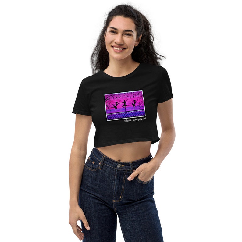 Ballet Dancers Art Print Black Crop Top Ballerina Artwork Organic Cotton Cutoff T-shirt Silhouette Watercolour Painting Screen Printed Tee