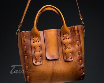 Cognac Brown Full Grain Leather Shoulder Bag For Women - Western Leather Bag