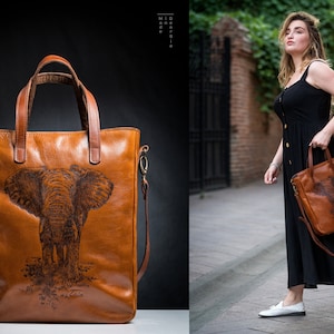 Leather Elephant Bag - Leather shopper bag with Elephant drawing, Elephant Shoulder Bag, Elephant Tote Bag