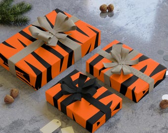 Tiger Print Gift Wrap Roll | Unique Valentines Day Wrapping Paper Tiger Stripes Luxury Satin Finish Recyclable Present Paper Orange & Black
