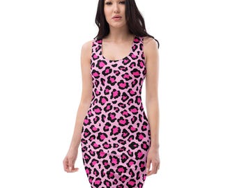 Women's Leopard Print Bodycon Dress | Girls Animal Pattern Mini Skirt Pink Spotty Slim Fit Party Dress Short | Festival Stretchy Tank Casual
