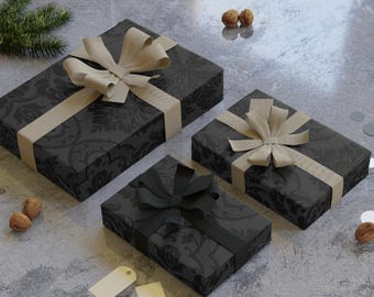 Papel de embrulho com estampa gótica preta | Papel de embrulho preto para o Dia dos Namorados | Papel de embrulho de cetim luxuoso para presente em preto e cinza com estampa gótica para o Dia dos Namorados