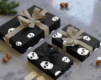 Skull Pattern Gift Wrap | White Skulls Valentines Day Wrapping Paper | Luxury Satin Gift Wrap Black Gothic Theme | Dark Valentines Presents