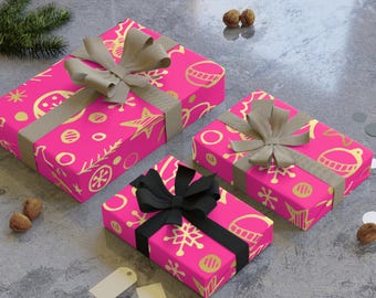 Pink and Gold Christmas Gift Wrap | Elegant Christmas Wrapping Paper Hot Pink & Gold | Christmas Pattern Gift Wrap | Luxury Satin Gift Wrap