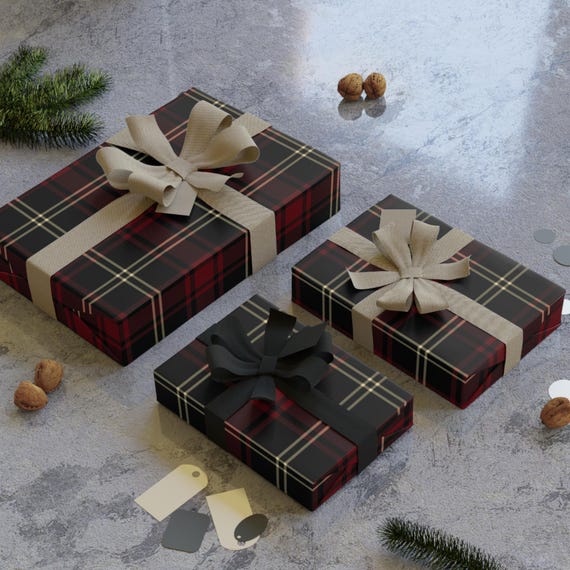 Burgundy Tartan Valentines Gift Wrap | Elegant Valentines Wrapping Paper | Red Tartan Check Pattern Valentines Paper Luxury Satin Gift Wrap