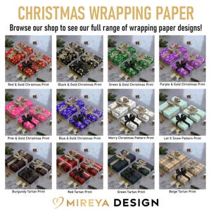 K&ouml;nnte beinhalten: Eine Auswahl an verpackten Geschenken mit verschiedenen weihnachtlichen Geschenkpapierdesigns. Die Designs umfassen Rot und Gold, Schwarz und Gold, Gr&uuml;n und Gold, Lila und Gold, Pink und Gold, Blau und Gold sowie Tartanmuster. Text: "Christmas Wrapping Paper".
