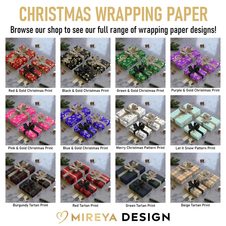 K&ouml;nnte beinhalten: Eine Auswahl an verpackten Geschenken mit verschiedenen weihnachtlichen Geschenkpapierdesigns. Die Designs umfassen Rot und Gold, Schwarz und Gold, Gr&uuml;n und Gold, Lila und Gold, Pink und Gold, Blau und Gold sowie Tartanmuster. Text: "Christmas Wrapping Paper".