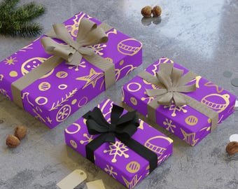 Purple and Gold Christmas Gift Wrap | Elegant Christmas Wrapping Paper Purple & Gold | Christmas Pattern Gift Wrap | Luxury Satin Gift Wrap