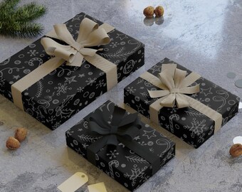 Papel de embrulho de Natal preto | Feliz Natal Gótico em preto | Papel de embrulho com estampa gótica | Papel de embrulho de cetim luxuoso em preto e cinza escuro