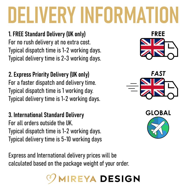 May include: Delivery information for orders in the UK and internationally. Free standard delivery for UK orders with a 1-2 day dispatch time and 2-3 day delivery time. Express priority delivery for UK orders with a 1 day dispatch time and 1-2 day delivery time. International standard delivery for orders outside the UK with a 1-2 day dispatch time and 5-10 day delivery time.