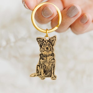 May include: A wooden dog-shaped keychain with a gold-colored ring. The dog is intricately etched with details, showcasing its fur and features. The keychain is held up by a hand, suggesting it's a personalized accessory.