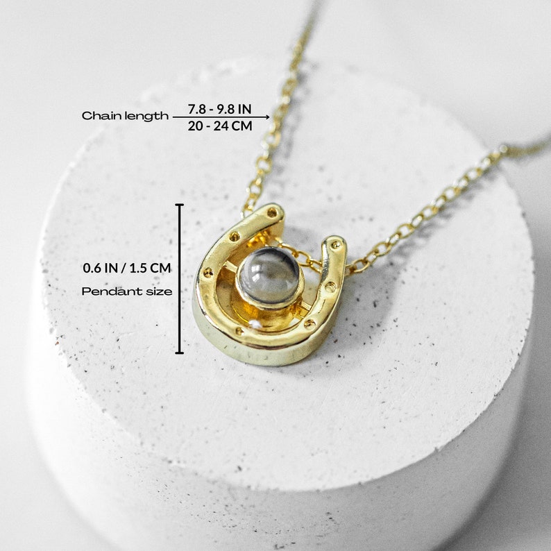May include: A gold-colored horseshoe pendant necklace with a chain length of 7.8 to 9.8 inches (20-24 cm). The pendant is 0.6 inches (1.5 cm) in size and features a round, gray stone in the center. The necklace is displayed on a white, textured surface.