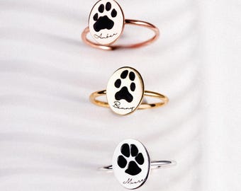Personalized Paw Print Ring • Custom Pet Memorial Jewelry • Engraved Name & Paw Print Band • Dog Cat Lover Gift