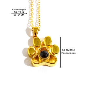May include: A gold-tone necklace with a paw print pendant and a black stone. The pendant measures 2 cm, and the chain is 20-24 cm long. The image includes text indicating chain length and pendant size.