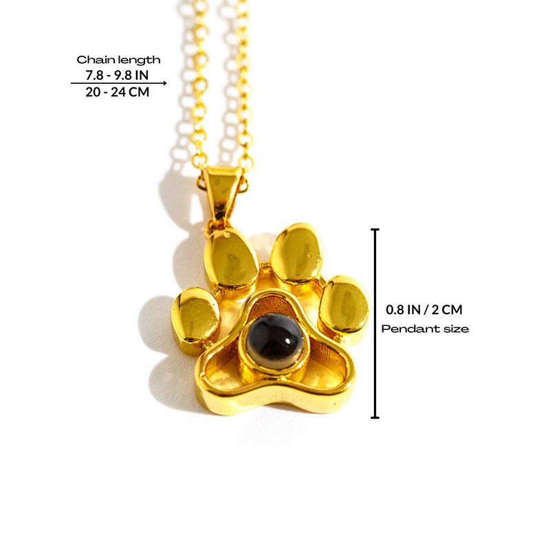 May include: A gold-tone necklace with a paw print pendant and a black stone. The pendant measures 2 cm, and the chain is 20-24 cm long. The image includes text indicating chain length and pendant size.
