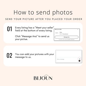 May include: A graphic with instructions on how to send photos after placing an order. The text reads "How to send photos" and "Send your picture after you placed your order." Instructions include messaging the seller and adding pictures.