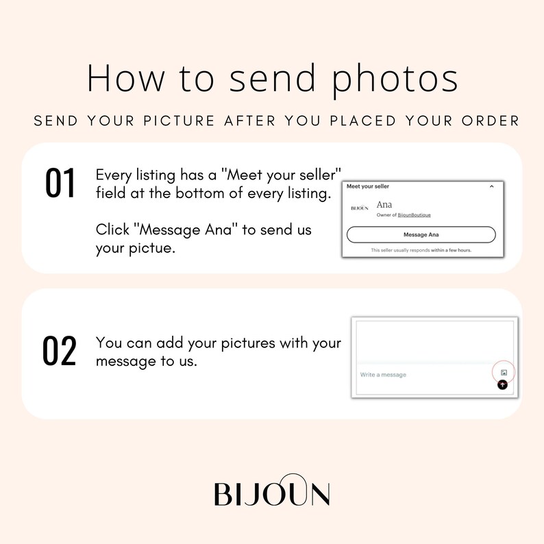 May include: A graphic with instructions on how to send photos after placing an order. The text reads "How to send photos" and "Send your picture after you placed your order." Instructions include messaging the seller and adding pictures.