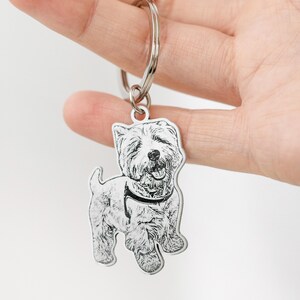 Puede incluir: Un llavero plateado con una ilustraci&oacute;n detallada de un perro West Highland White Terrier. El perro est&aacute; representado en un estilo de boceto en blanco y negro, con un collar. El llavero est&aacute; unido a un anillo plateado.