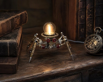 Gothic Lamp Vintage Steampunk Spider Table Lamp-Dimmable Metal Spider Night Light Gear Art Desk Decor for Home Office-Unique Christmas Gift