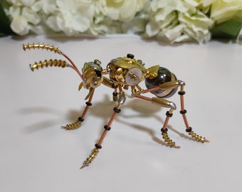 Steampunk Ant Figurine, Mechanical Metal Insect Sculpture, Handmade Decor
