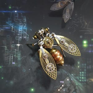 May include: A steampunk metal bee sculpture with detailed gears and wings. The bee is made from brass, copper, and silver-toned metal. The wings have an openwork design. The background shows a blurred cityscape. The sculpture is a unique decorative item.