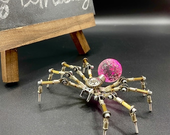 Steampunk Metal Spider Sculpture | Glowing Mechanical Insect Figurine