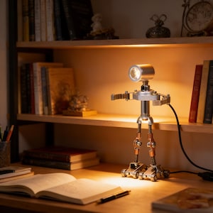 Industrial Steampunk Metal Robot Lamp | USB LED Desk Light | DIY Assembly Decor | Unique Gift for Tech Lovers & Mechanical Art Enthusiasts