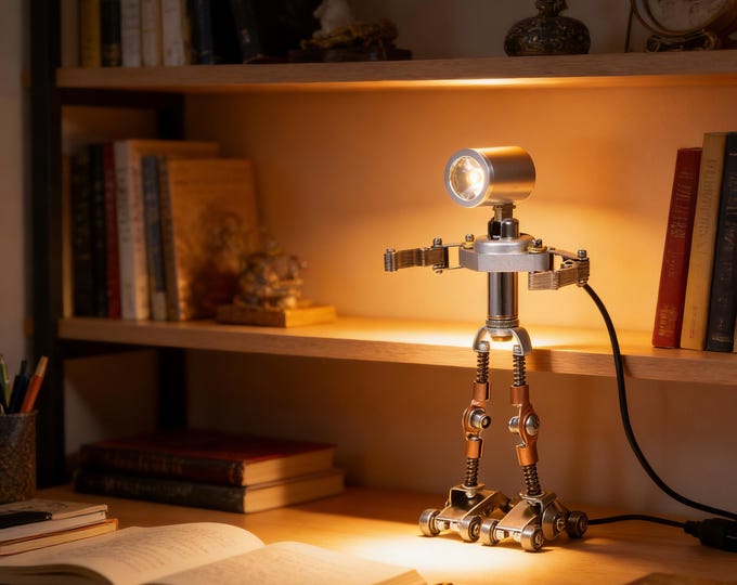 Industrial Steampunk Metal Robot Lamp | USB LED Desk Light | DIY Assembly Decor | Unique Gift for Tech Lovers & Mechanical Art Enthusiasts