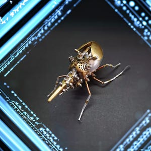 May include: A detailed steampunk-style beetle made of metal with gears and brass accents. The beetle has long legs and a long, pointed snout.
