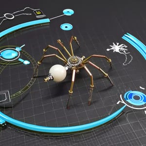 May include: A steampunk-style spider sculpture made of metal with a white pearl-like body and gears. The spider is on a black background with a blue circle around it.