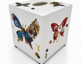 Steampunk DIY Kit Tissue Box Cover Cube Tissue Holder with Gear Butterfly DIY Decor  Decorative Square Art Craft Gift for Adults & Kids