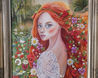 Ophelia Unique original painting, Romantic art, Gothic art, Feminine art, Pre Raphaelite Style Art, Beautiful Woman with Red Hair Painting