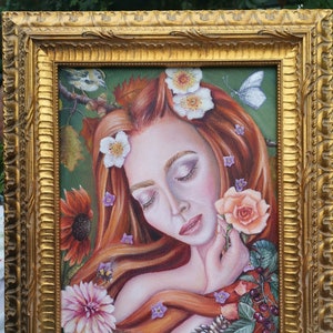 秋の女神アート、秋の絵画、美しい赤毛の女性の花の絵画、女性的なボヘミアンアート「Souvenir D'Automne」フレーム入り