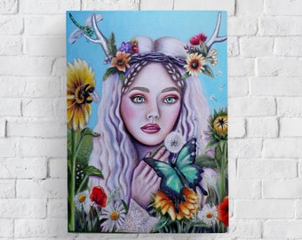 Natuur bloemen kunst, viering van zomerzonnewende, zomer godin kunst, Boho kunst, sprookje kunst, Fantasy Art, zomer godin