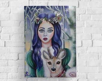 May include: A painting of a woman with long blue hair wearing a green dress and a wreath of holly and berries. She is holding a small fawn with antlers. The background is a snowy forest.