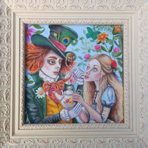 Alice in Wonderland Original Painting:  Alice and Hatter take tea with the Dormouse
