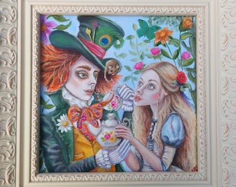 Alice in Wonderland Original Painting:  Alice and Hatter take tea with the Dormouse
