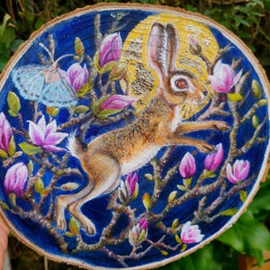Hare Painting Rustic Hare Painting on Wood Slice &quot;The Magnolia Tree&quot; Folk Art Original Painting of Hare with Real Gold Leaf Cottage Core Art