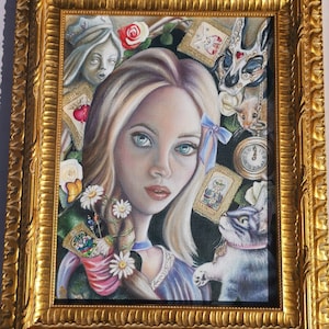 Alice in Wonderland Original Painting/Alice and Tarot Cards/Wonderland Original Painting/Mad Hatter Art/Alice Art/Surrealist Art
