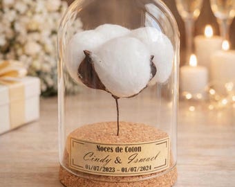 Cadeau noces de coton - 1 an de mariage - cloche en verre