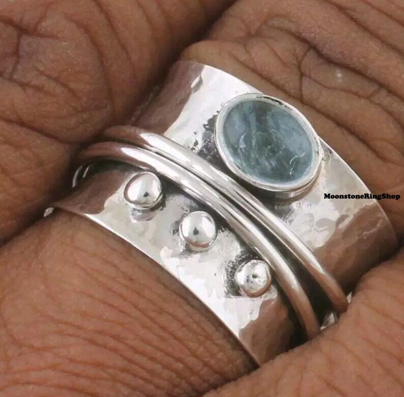 Thumb Ring Gemstone Ring Fidget Ring Aquamarine Ring Bohemian Ring Natural Aquamarine Spinner Ring Anxiety Ring 925 Silver Ring