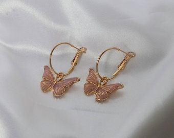 Pink Butterfly Hoop Earrings - Lightweight Hoop Earrings In The UK,Pink Butterfly Earrings,Pink Hoop Earrings,Gold Earrings,Gold Jewellery