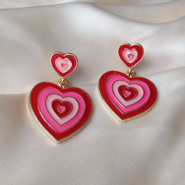 Pink & Gold Retro Heart Drop Earrings -  70's Style Earrings, Vintage Style, Hanging Jewellery,Accessories,Pink Jewellery,Gold Earrings